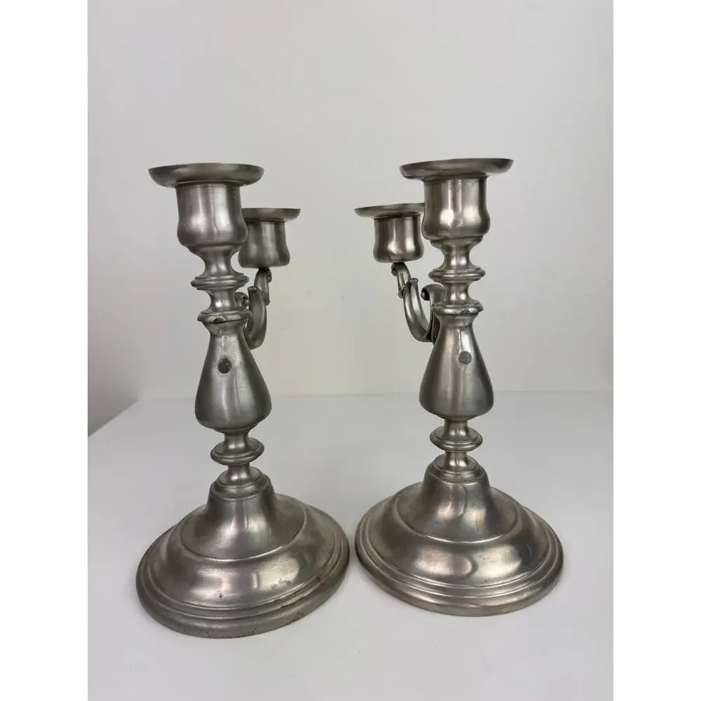 Vintage American Pewter Silver Stainless Steel Decor 2 Candle Holder Stick Set